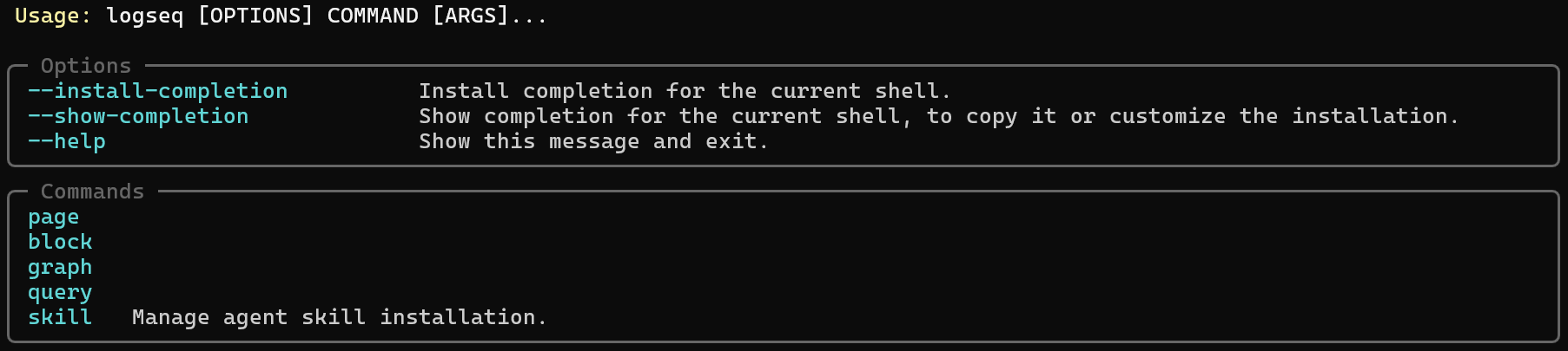 PowerShell screenshot showing the logseq CLI help output