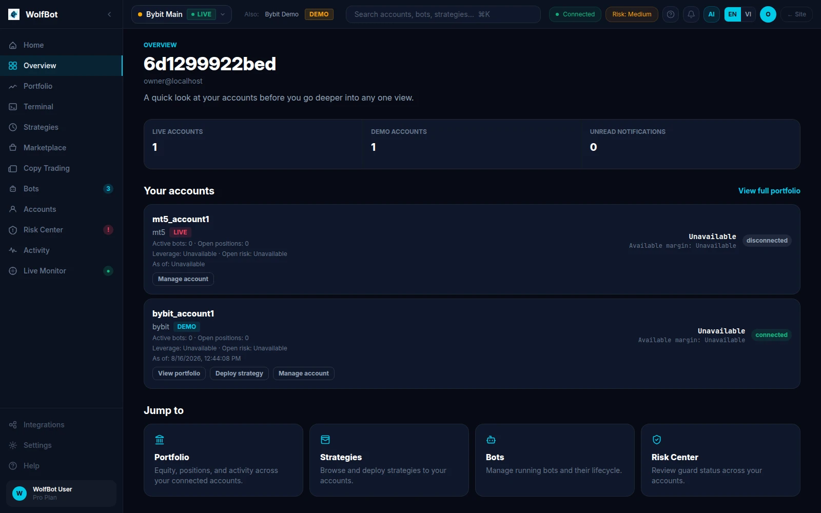 WolfBot Community dashboard overview showing connected accounts and quick links to Portfolio, Strategies, Bots and Risk Center