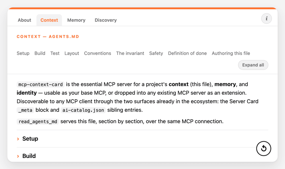 the back's Context tab — AGENTS.md, section nav, read_agents_md