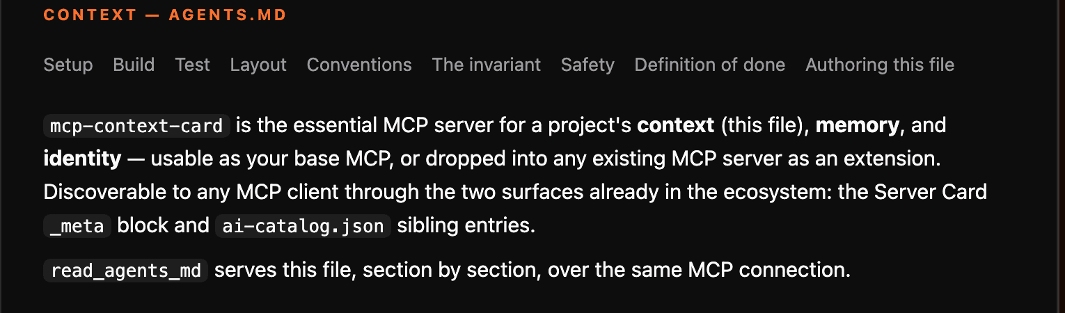 the card's context section — AGENTS.md, section nav, read_agents_md