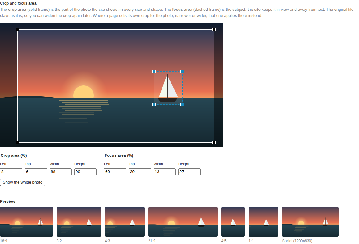 The media editor: the crop area (solid frame), the focus area (dashed frame) and previews in common shapes