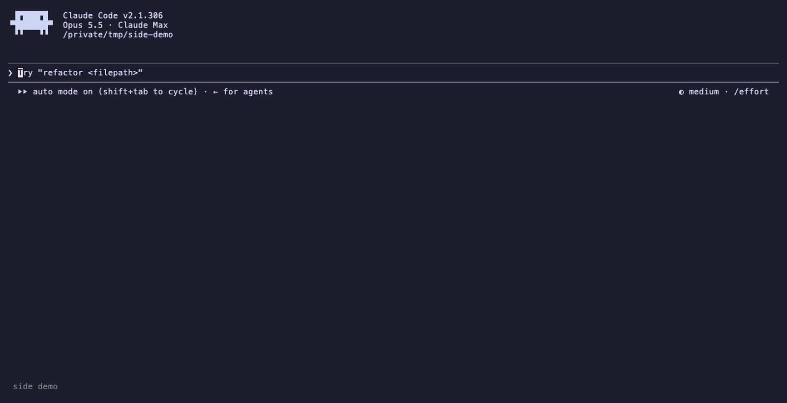 /side forking a Claude Code session into a tmux split beside it