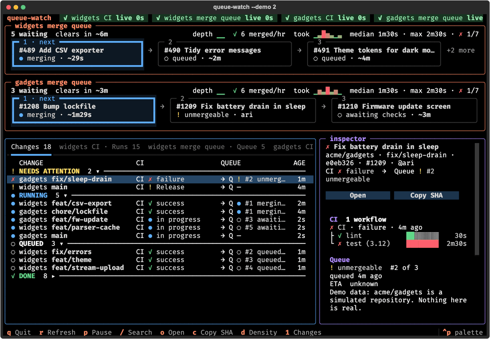 queue-watch --demo 2: two simulated repositories in one dashboard, each with its own merge queue strip, and rows that keep main and other shared branch names apart by repository