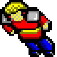 Ícone do game Tibia. Um guerreiro com roupa vermelha, armadura prateada e botas azuis