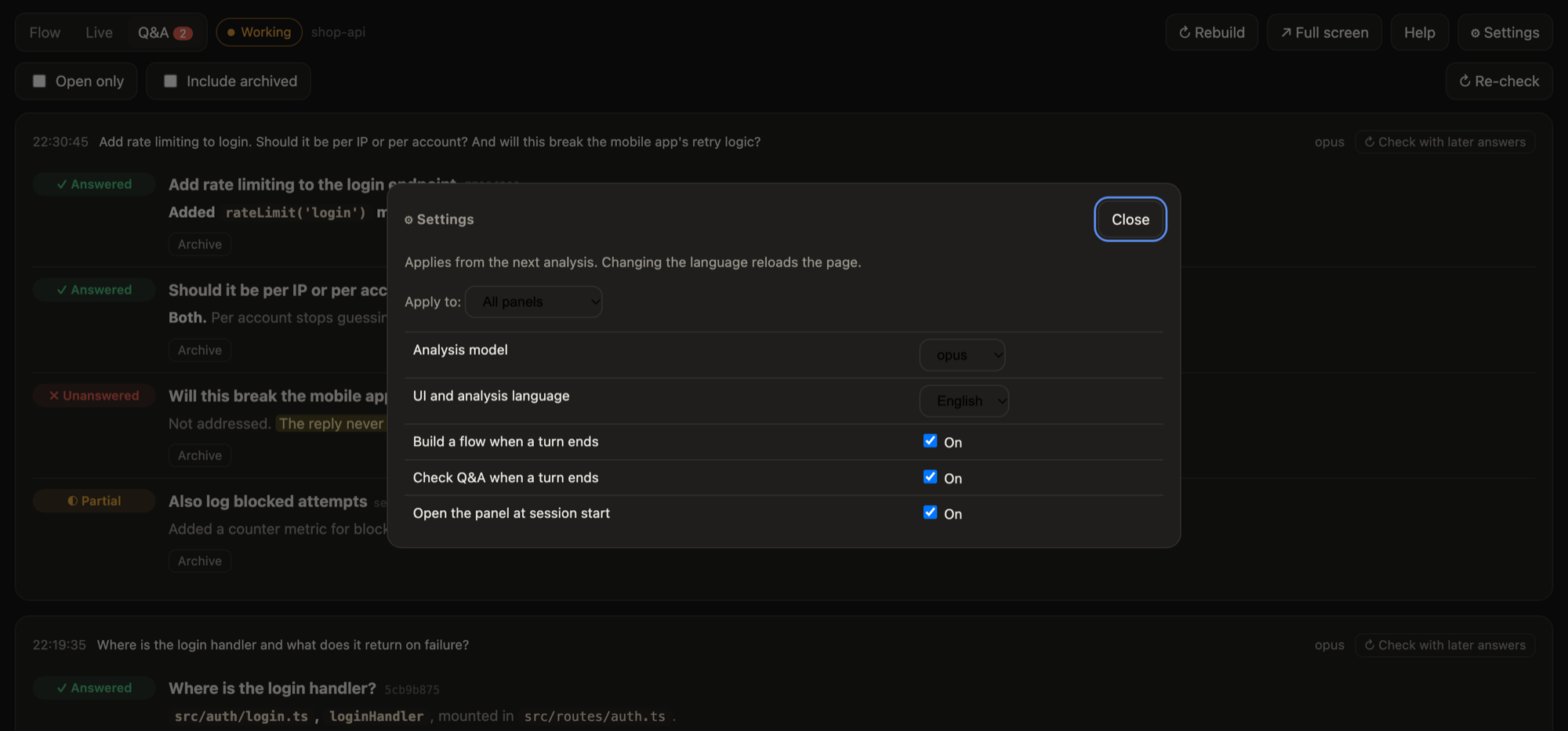 Settings dialog
