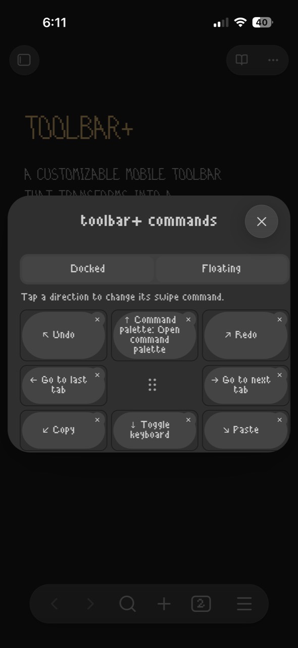 Toolbar+ floating gesture editor with a customizable command for each of the eight directions.