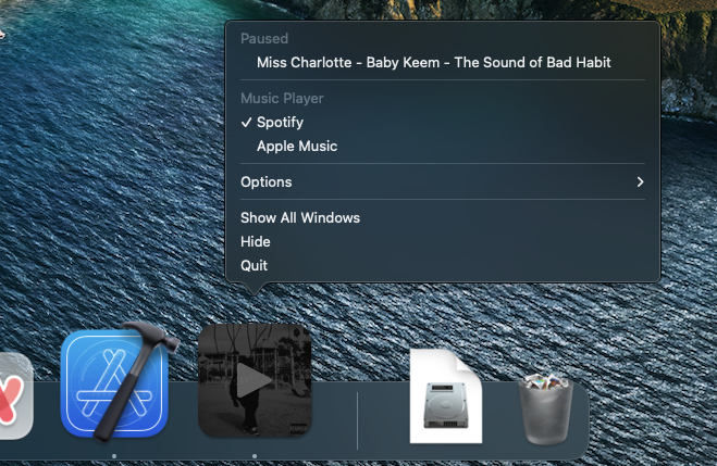 Right click of Groove app showing how to change between Apple Music and Spotify
