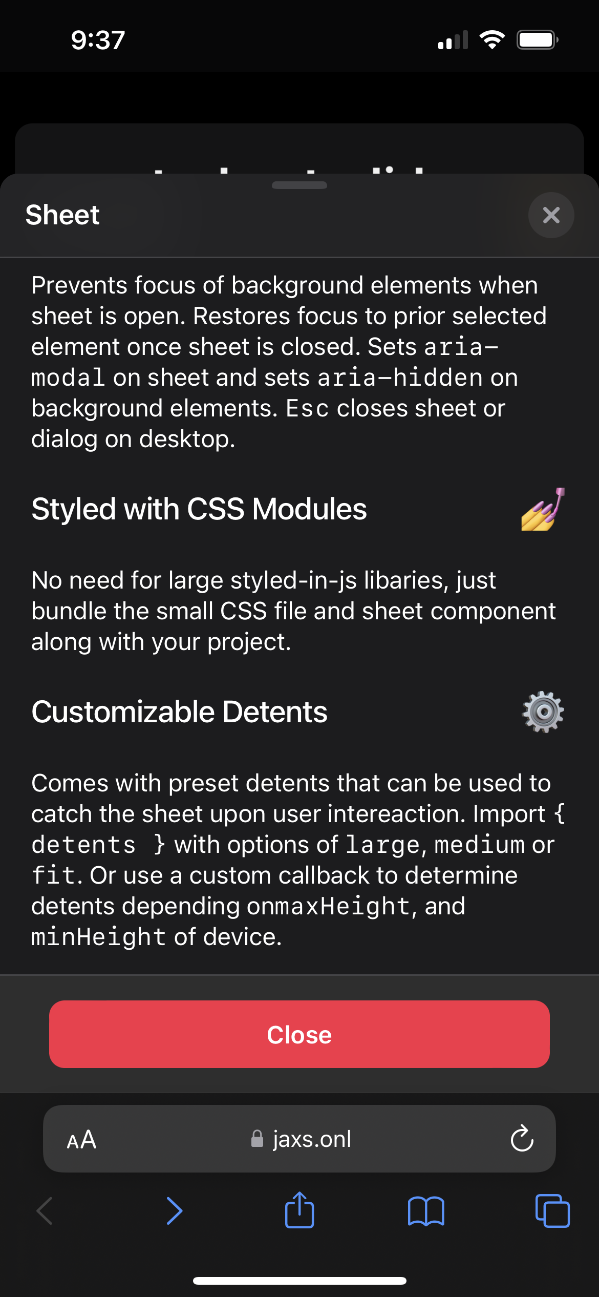 react-sheet-slide fully expanded and scrolled down in dark mode.