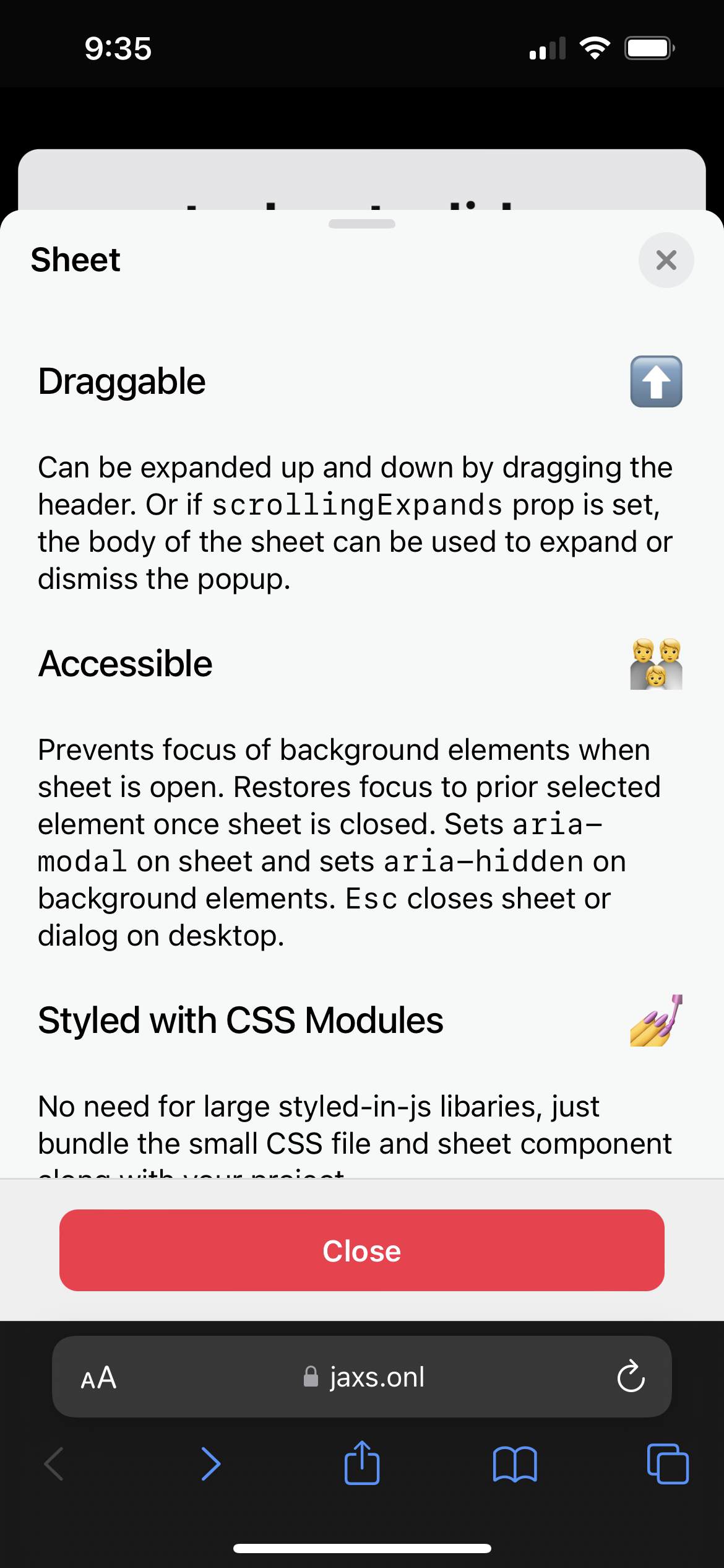 react-sheet-slide fully expanded and scrolled up in light mode.