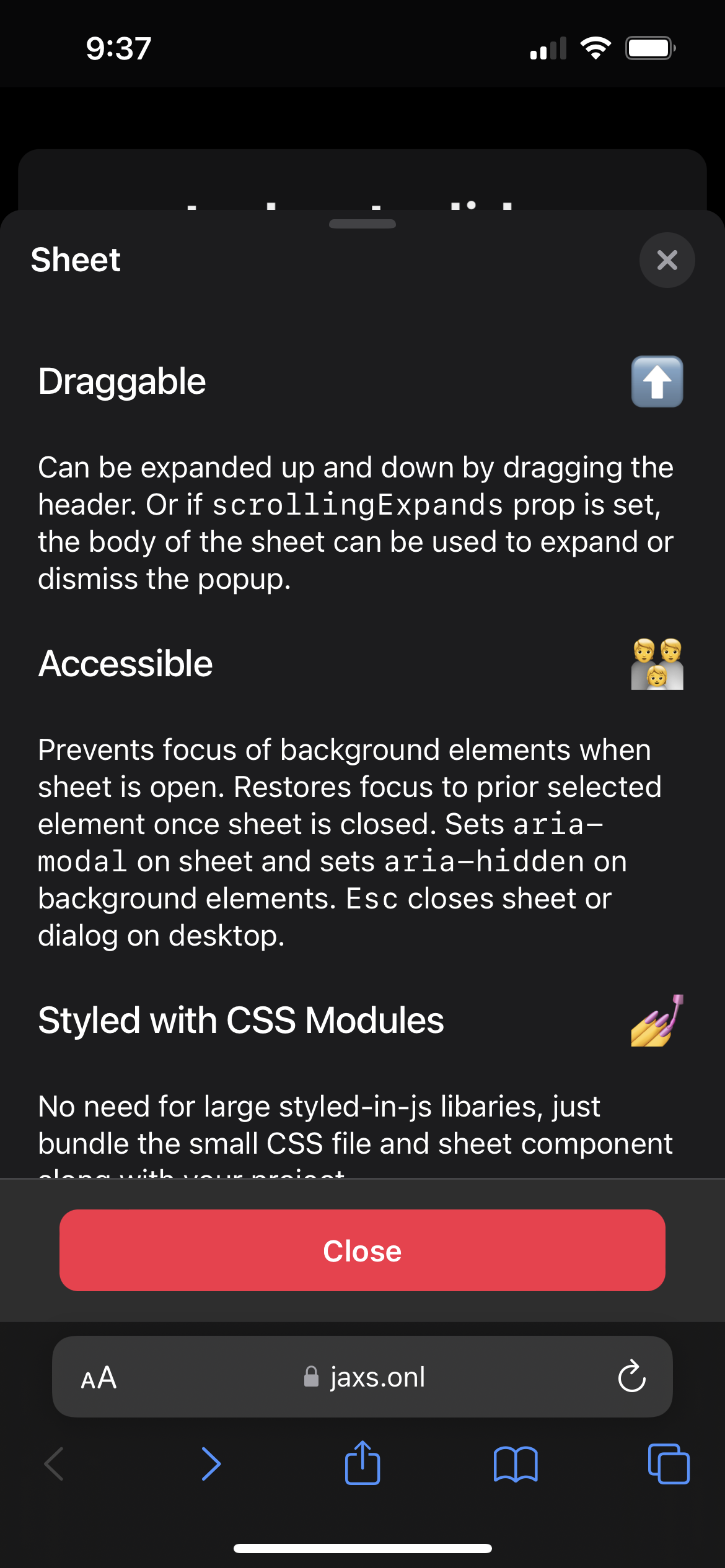 react-sheet-slide fully expanded and scrolled up in dark mode.