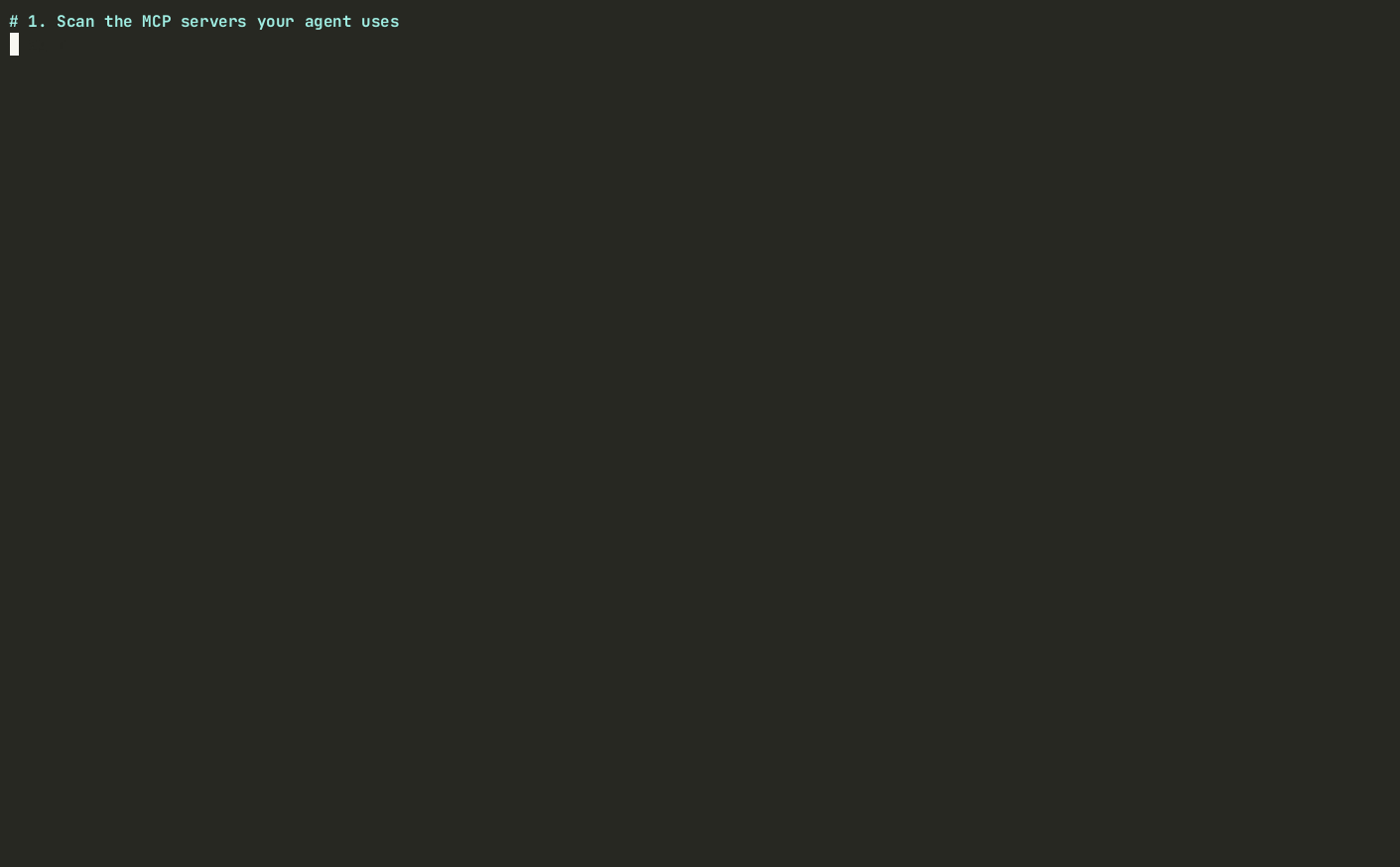 agentgate demo: scan finds a hardcoded credential and unpinned package, lock pins the tool surface, and diff catches an upstream rug-pull