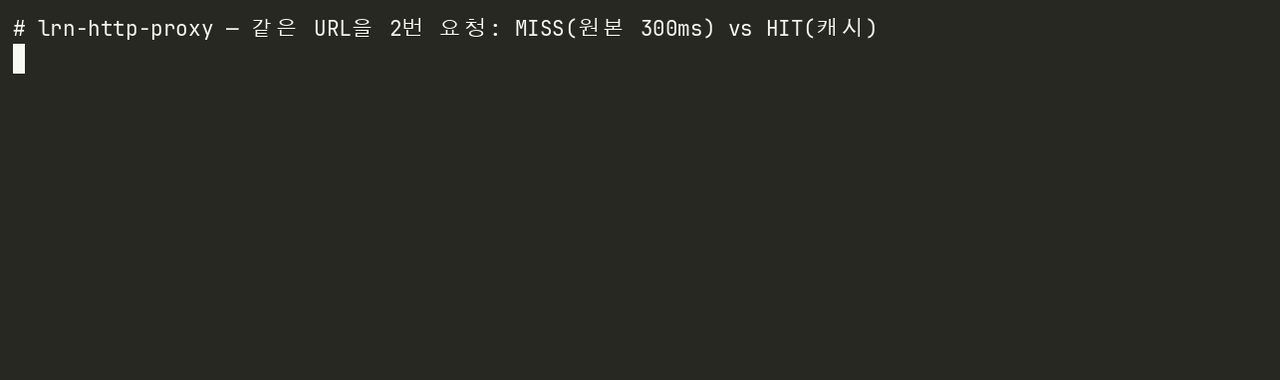 lrn-http-proxy 데모: 같은 URL 2회 요청, 1회차 cache MISS 0.308s, 2회차 cache HIT 0.000471s