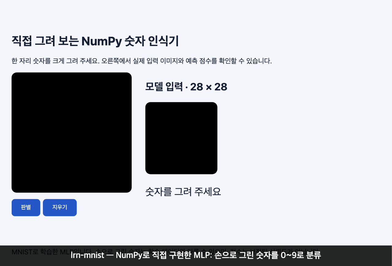 lrn-mnist 데모: 캔버스에 그린 7과 3을 판별하고 28×28 입력과 클래스별 점수를 표시