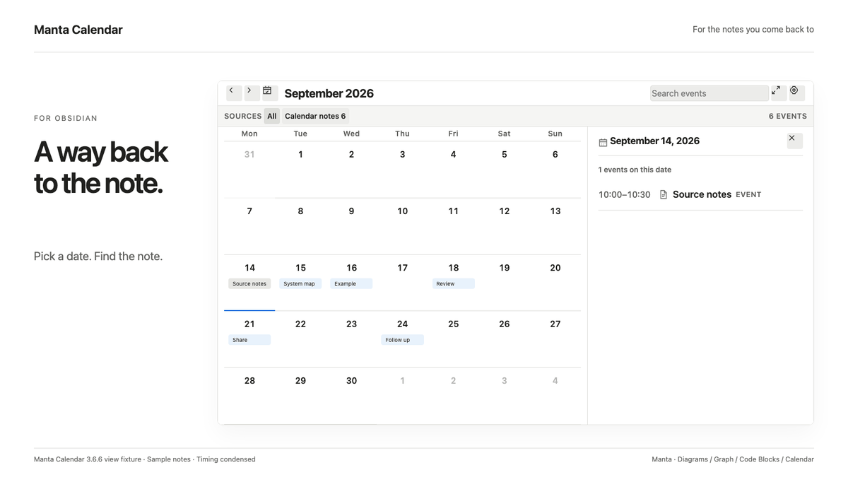 Manta Calendar: select dates and see their notes