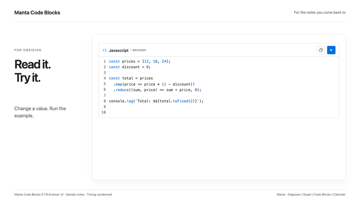 Manta Code Blocks: edit a discount, run the code and compare the output