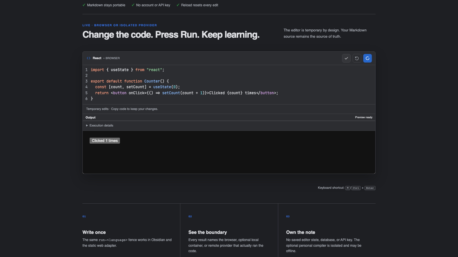 Runnable Code Blocks showing Kotlin and JavaScript editors in a sharp 16:9 Obsidian capture.