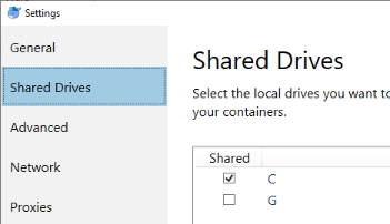 Screenshot of Shared Drives window in Docker Desktop