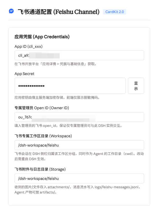 Feishu channel settings: credentials, owner, directories