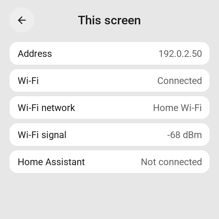 Startup diagnostics showing Wi-Fi connected and Home Assistant not connected