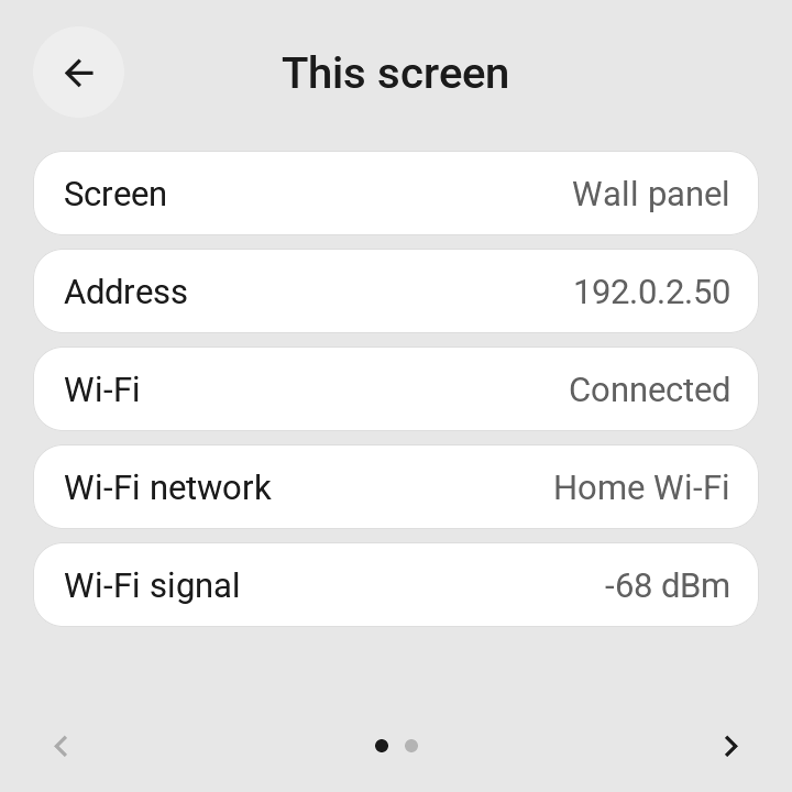 This screen settings showing example Wi-Fi network, IP address and signal strength