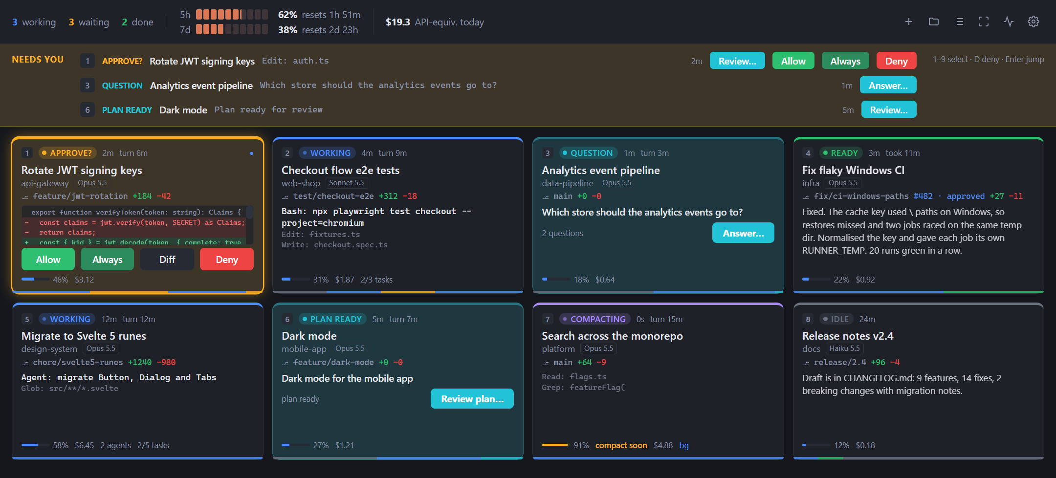 The AgentTiles dashboard with eight sessions and the needs-you banner