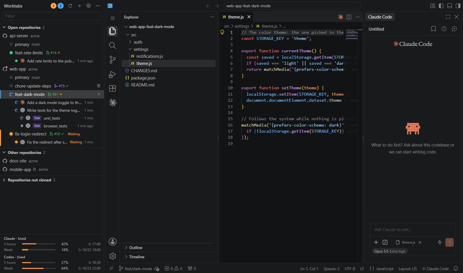 Worktabs: the sidebar lists repositories, their worktrees with their pull requests and CI, and the Claude Code and Codex conversations in each, with their states and Codex subagents; on the right, the VS Code of the selected worktree with the Claude Code chat panel. Example data.