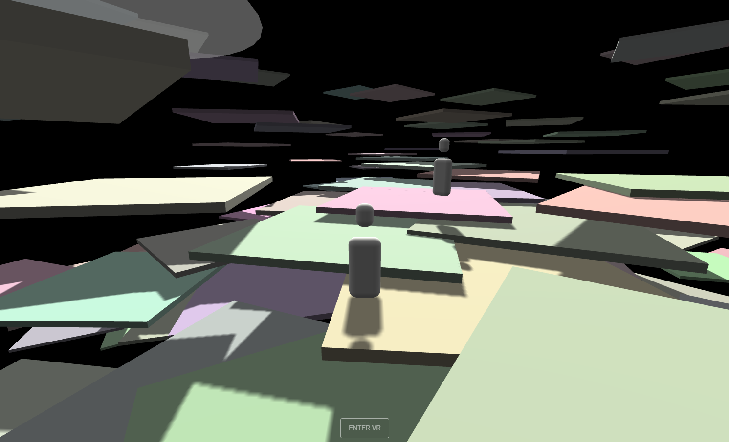 A screenshot of the example project, showing two visitor avatars in a shared navigable world of cuboid objects, and the "Enter VR" button for viewing in VR