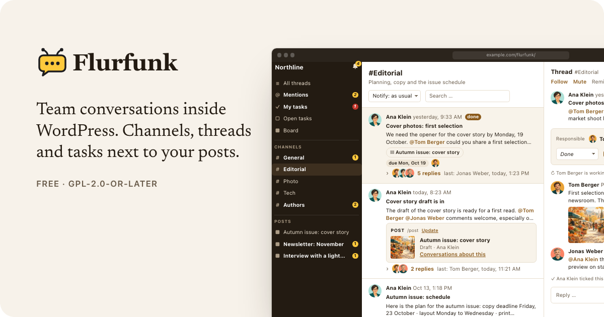 Flurfunk: team conversations inside WordPress. Channels, threads and tasks next to your posts.