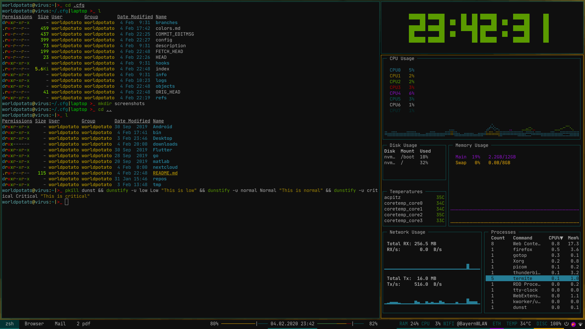 Workspace with an empty terminal, a clock and gotop