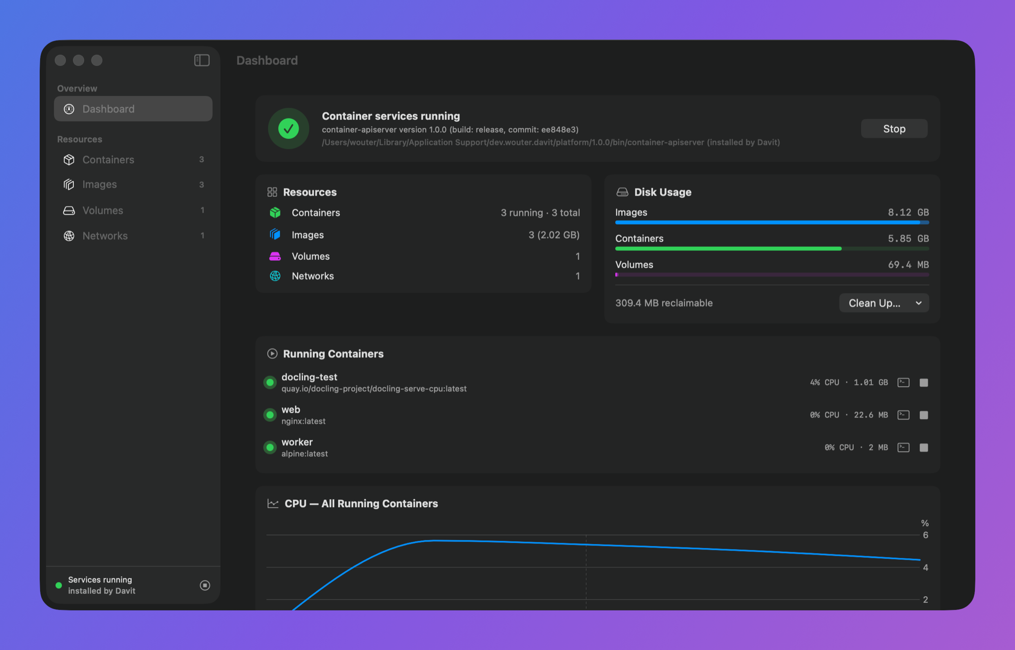 Davit dashboard showing service status, resource counts, disk usage and a live CPU chart