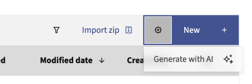 Mautic email list toolbar showing the Generate with AI option in the New email dropdown
