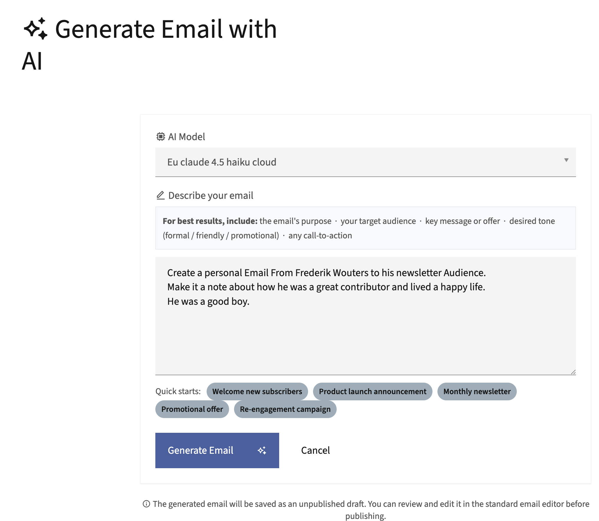 Mautic AI email generation form with model selector, description textarea, and quick-start prompt buttons