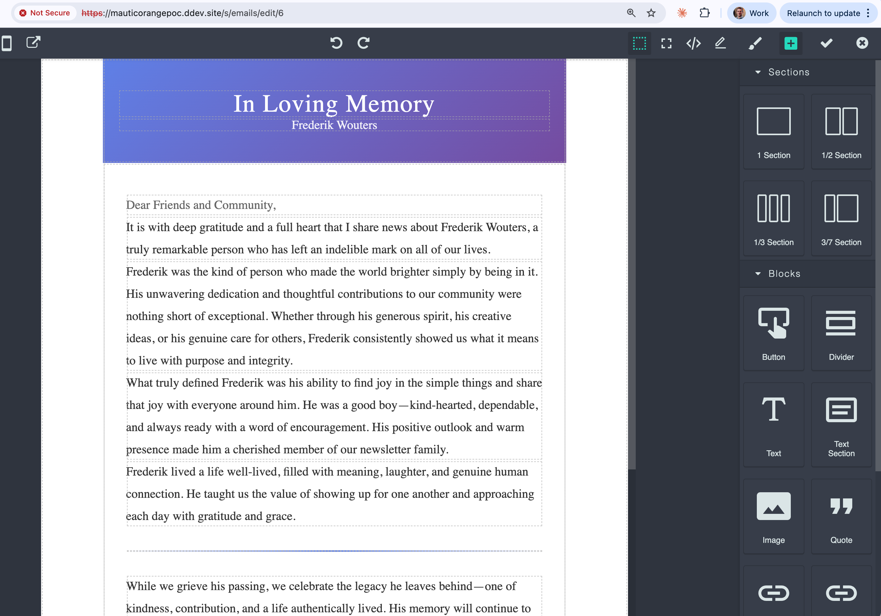 AI-generated HTML email opened as an unpublished draft in the Mautic drag-and-drop email editor