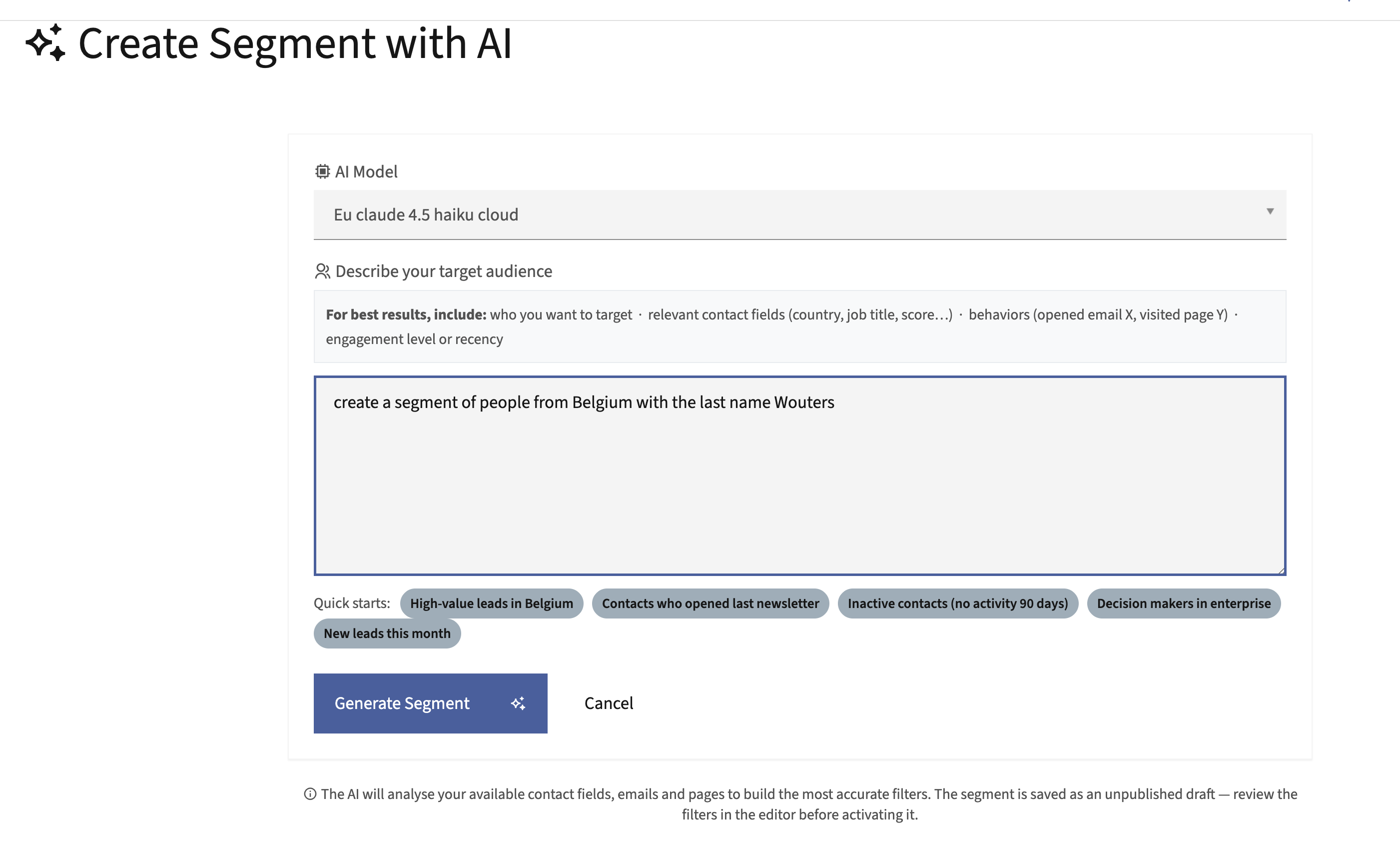 Create Segment with AI form showing audience description field and model selector