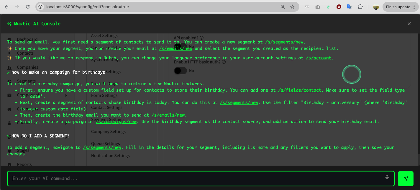 Mautic AI Console interface showing the chat panel overlaid on the Mautic admin UI