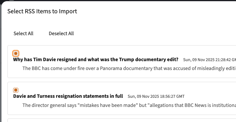 RSS feed item selection modal showing checkboxes for choosing which articles to import