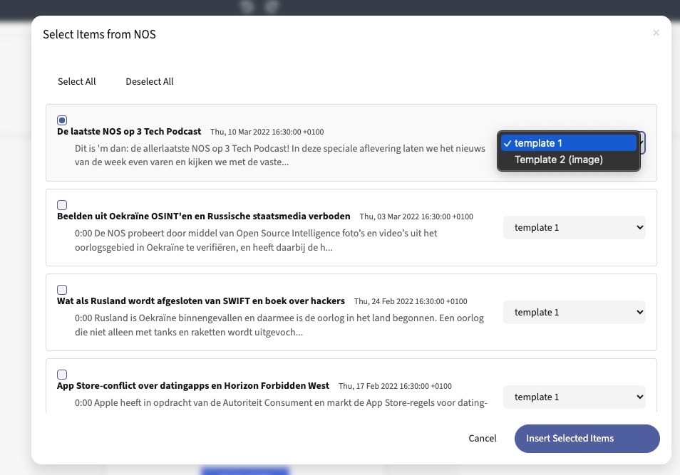 GrapesJS content selection modal for RSS Plus showing checkboxes and template dropdown per article