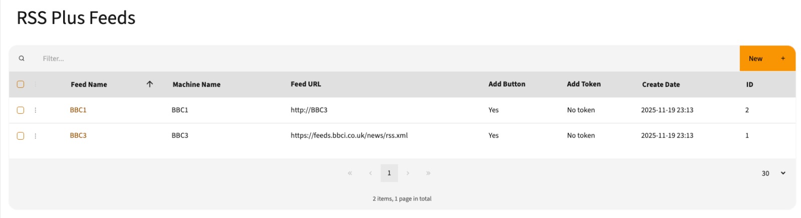 RSS Plus feeds overview listing all configured RSS feeds with their settings