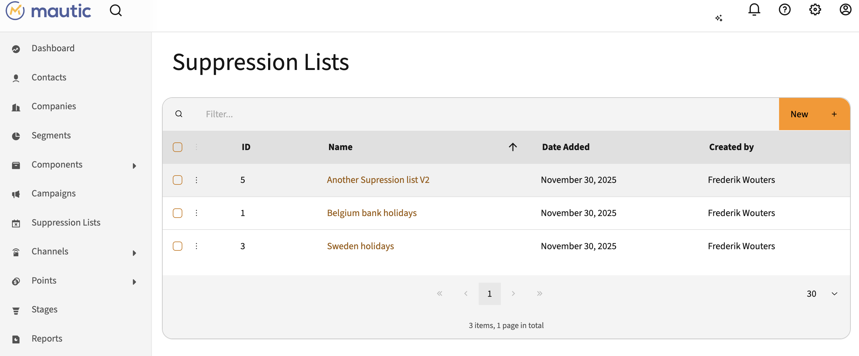 Mautic Email Suppression Bundle overview showing the list of suppression lists