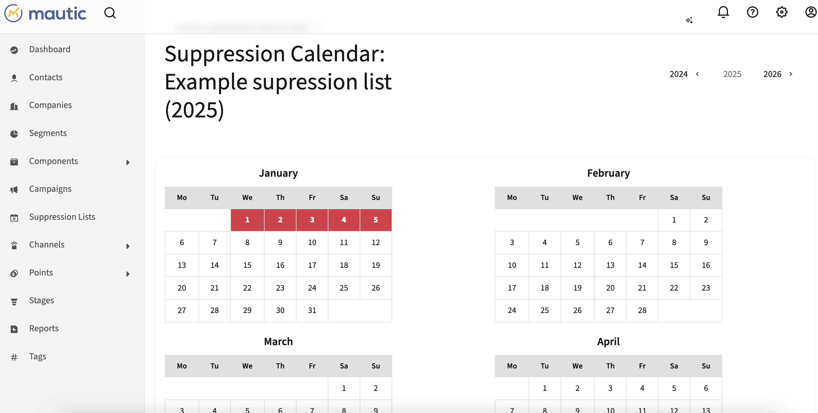 Mautic Email Suppression calendar view with red dates marked as suppressed and navigation controls