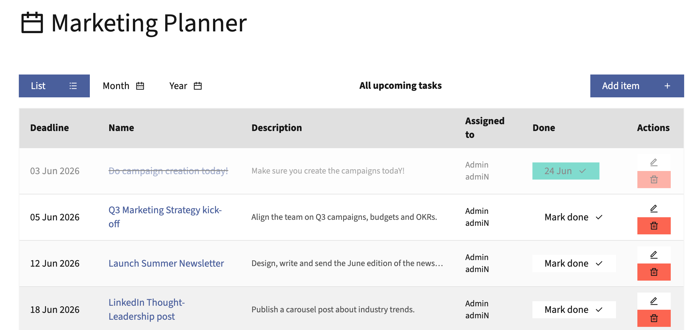 Mautic Marketing Planner list view showing all items sorted by deadline with overdue dates highlighted