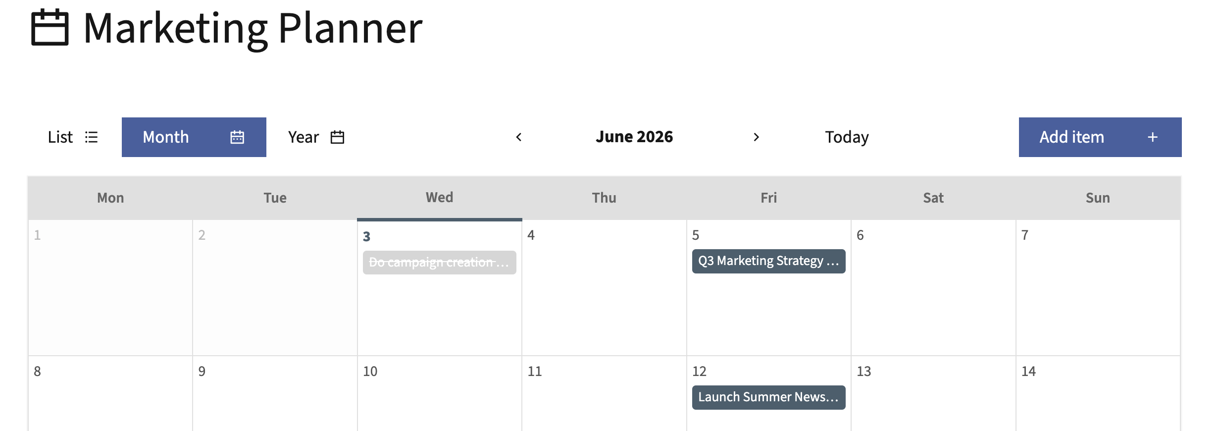 Mautic Marketing Planner showing the month calendar view with planning items as chips on deadline days