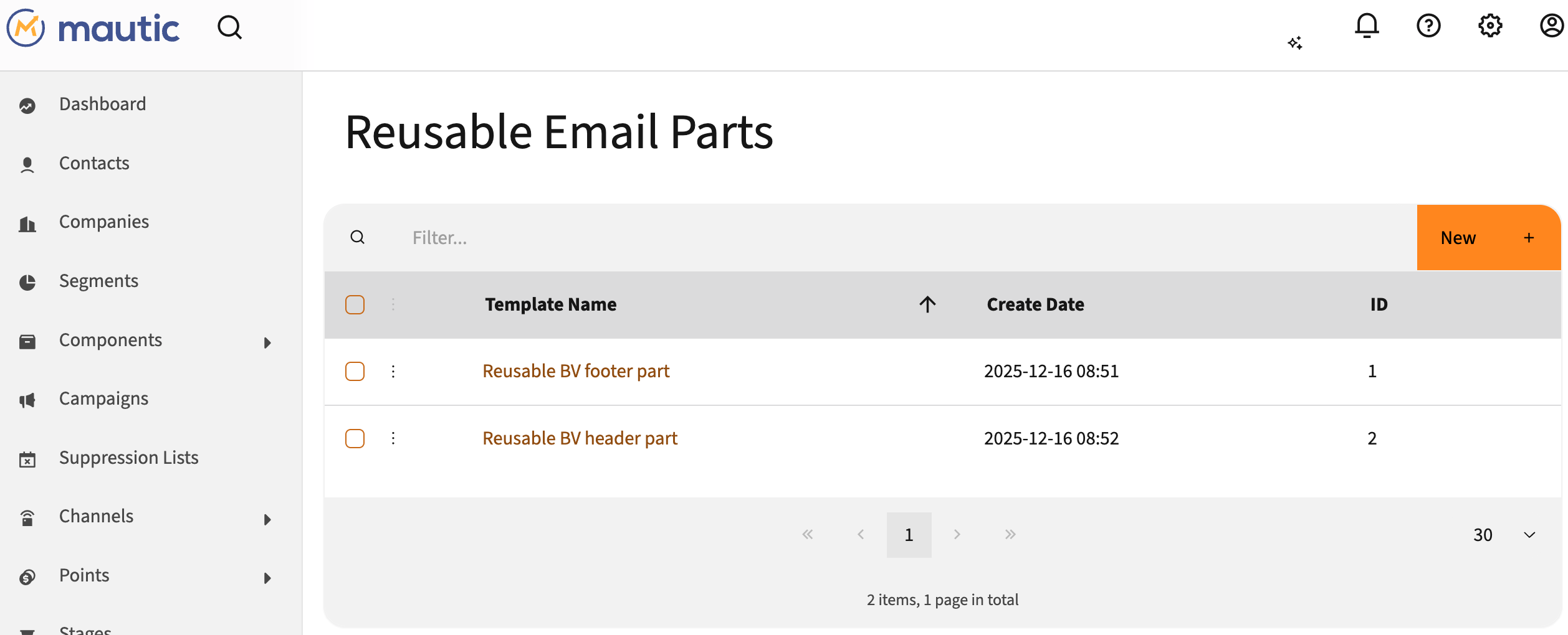 Mautic Reusable Email Parts Bundle overview showing the template library