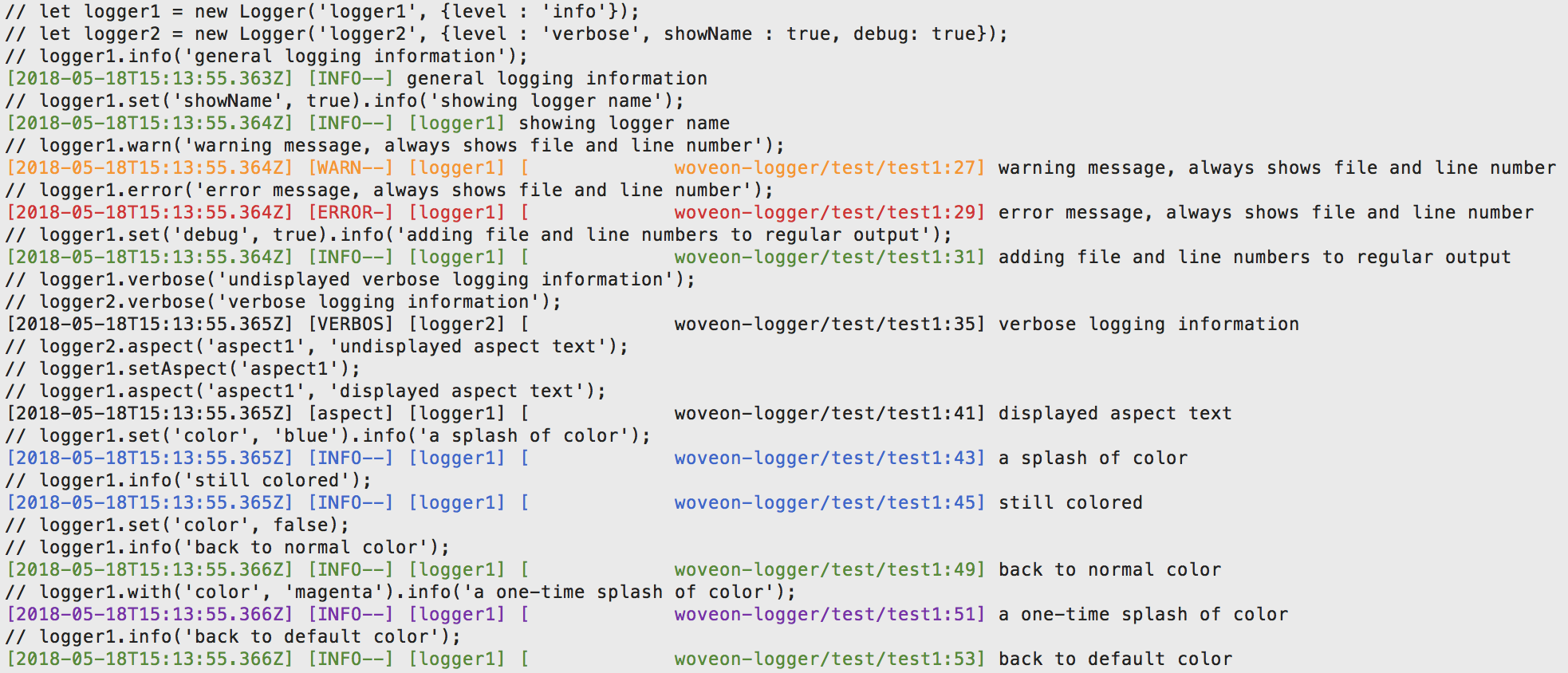 Sample logger output (from mocha test)