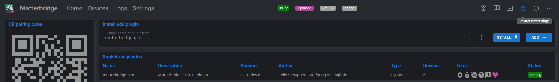 Restart Matterbridge Gira Plugin