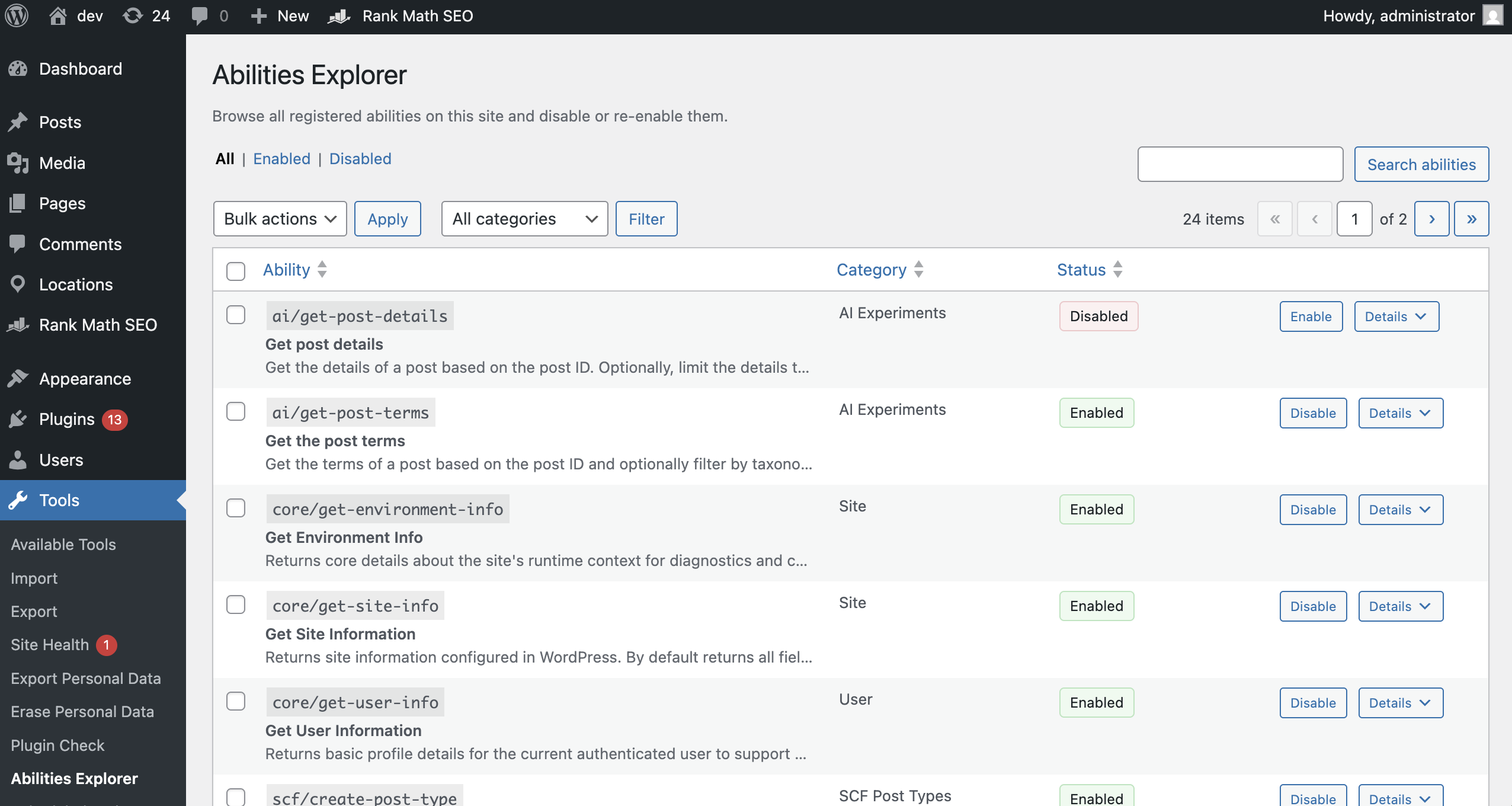 Abilities Inspector admin screen