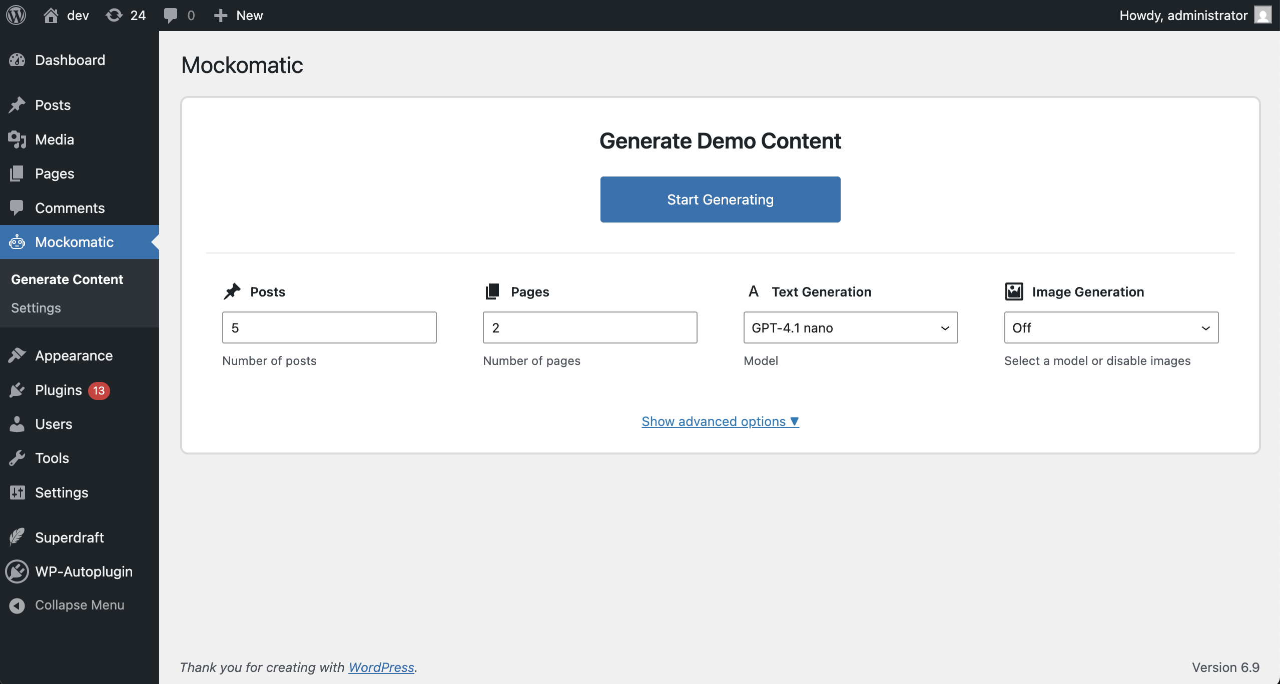 Generate demo content inside wp-admin