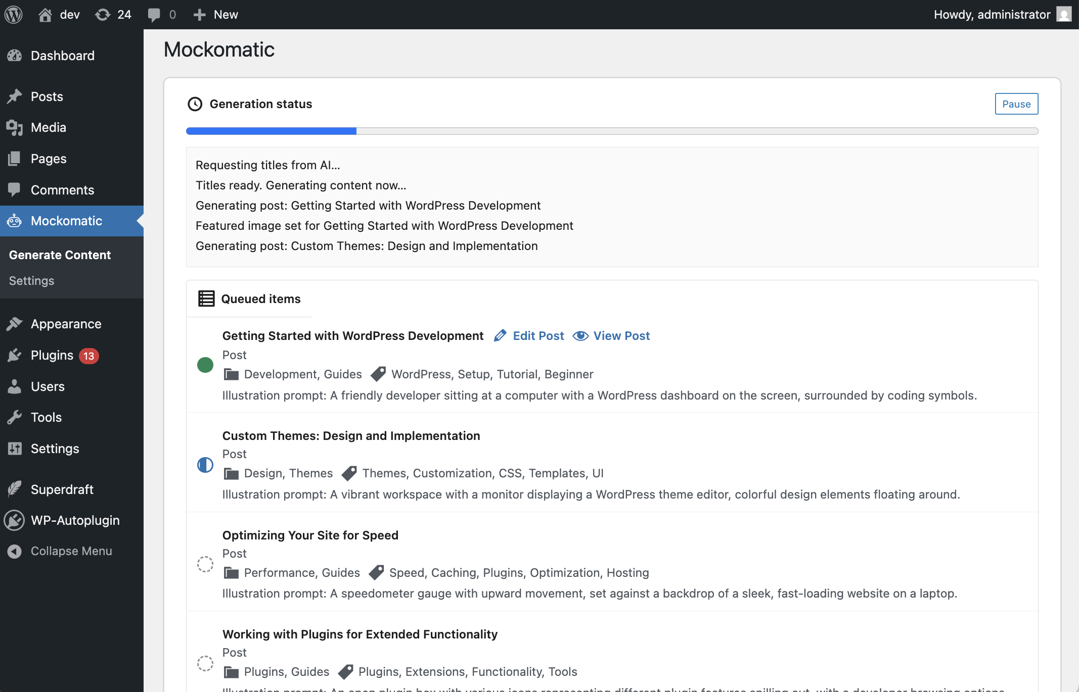 Live progress log and task list