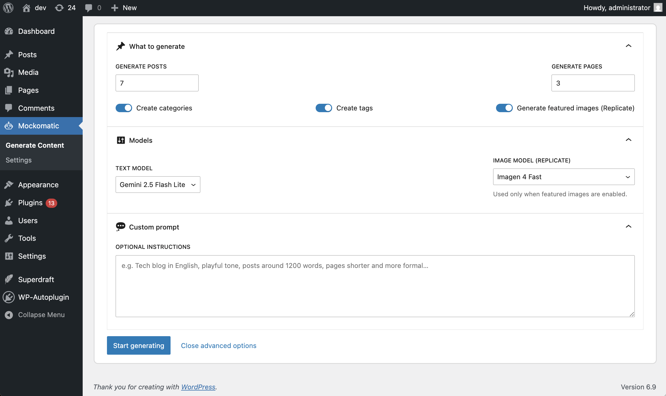 AI model and prompt configuration
