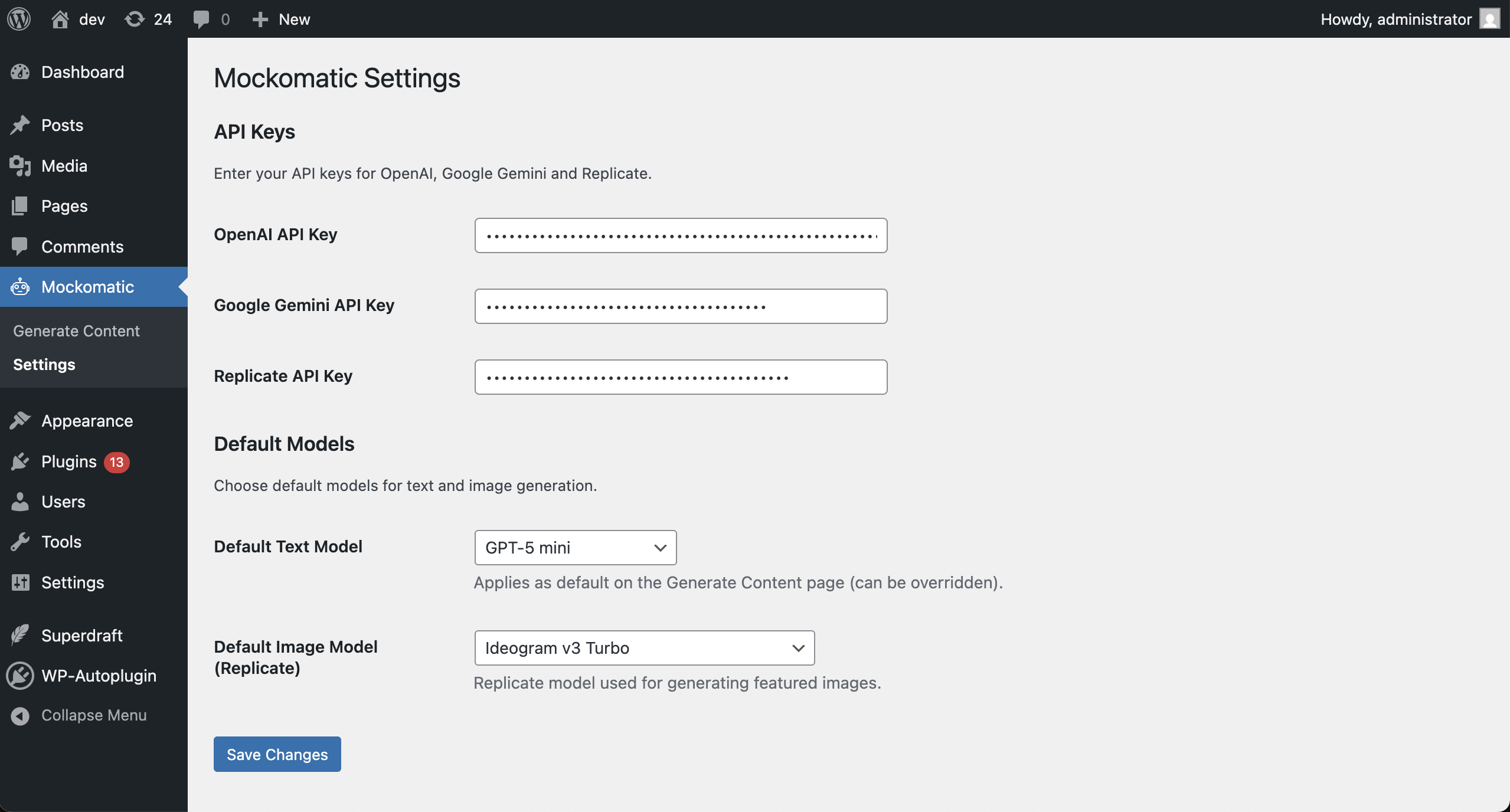 Settings page for API keys and defaults